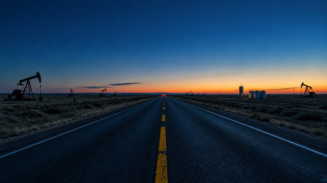 A West Texas highway at dusk with pumpjacks either side