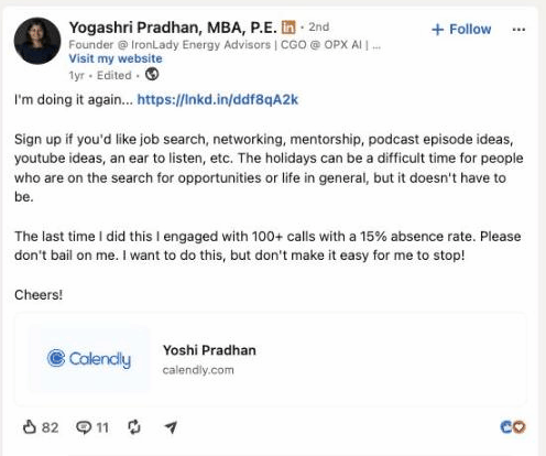 LinkedIn post by Yoshi Pradhan offering free career calls