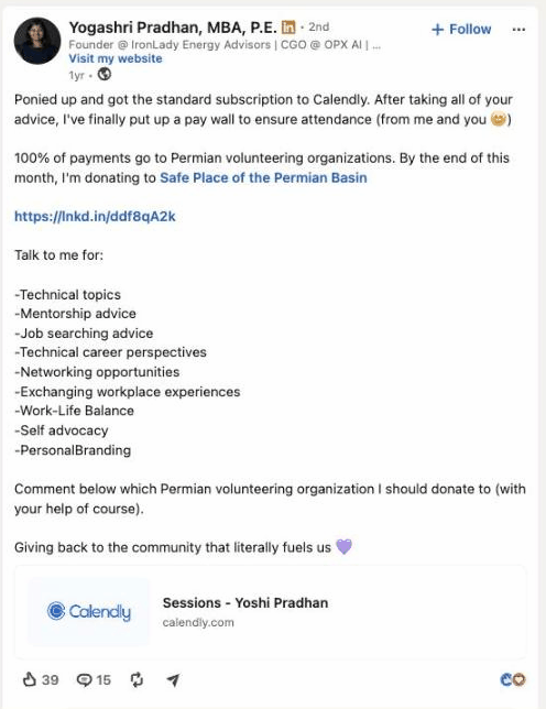 LinkedIn post by Yoshi Pradhan donating all session payments to Permian Basin charities